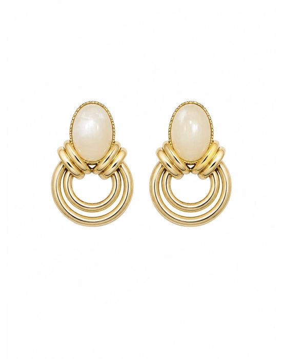 Halka Detay Krem Taşlı Gold Küpe