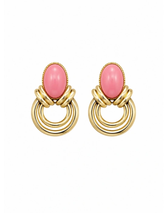 Halka Detay Pembe Taşlı Gold Küpe