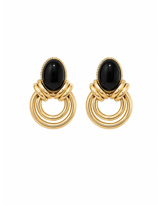 Halka Detay Siyah Taşlı Gold Küpe