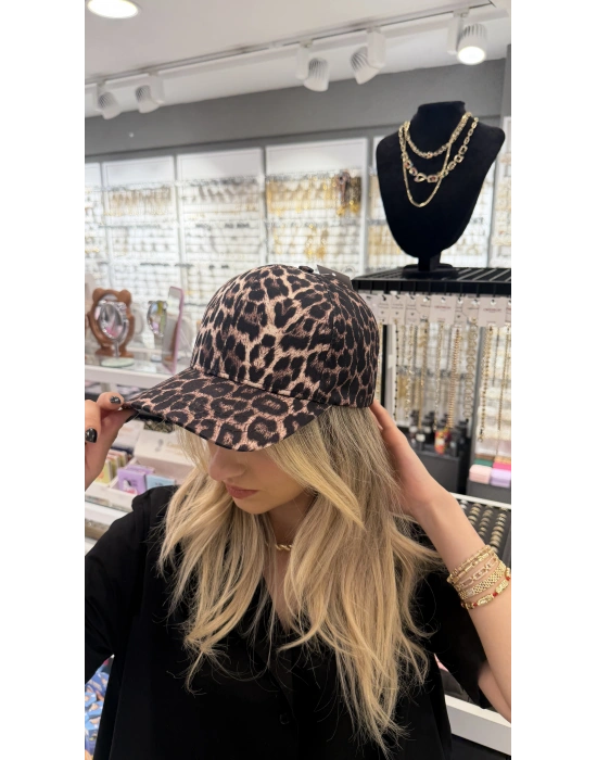 Kahverengi Leopar Desen Kep Şapka