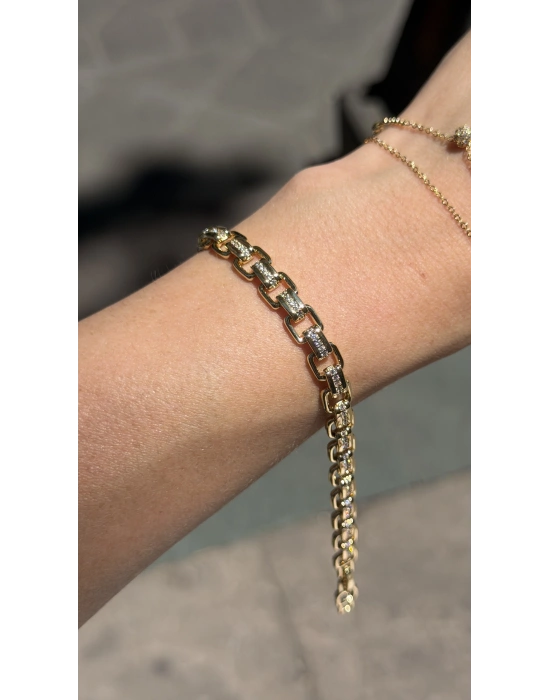 Kalın Kare Geçmeli Gold Kadın Bileklik(18cm-uzatma dahil 19cm)