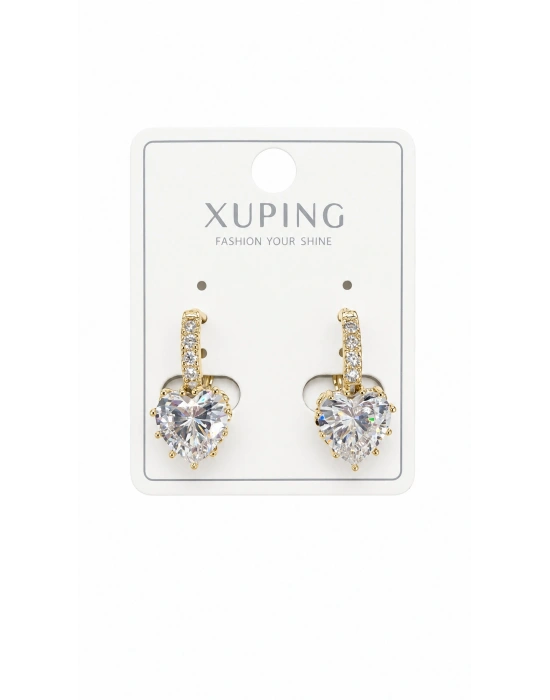 Kalp Taşlı Gold Küpe
