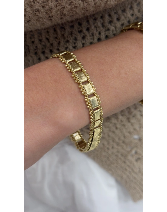 Kare Plaka Geçmeli Gold Bileklik((19cm)