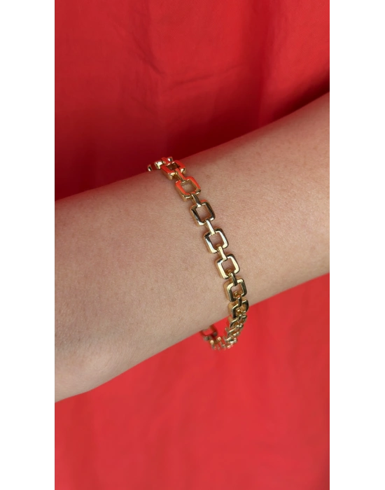 Kare Plaka Sıralı Gold Kadın Bileklik(17cm-uzatma dahil 19 cm)