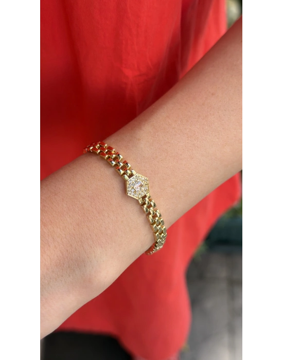 Kare Taş Detay Altıgen Gold Kadın Bileklik(17 cm-uzatma dahil 19 cm)