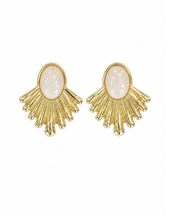Krem Taşlı Gold Yelpaze Küpe