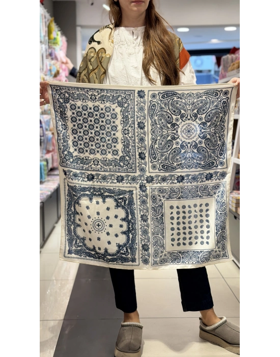 Lacivert-Beyaz Etnik Desen Fular(70x70)