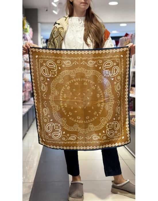 Lacivert Kenar Taba Renk Etnik Desen Fular(70x70)