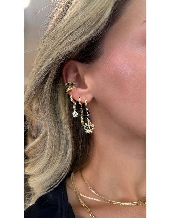 Lacivert Taşlı Gold Ear Cuff