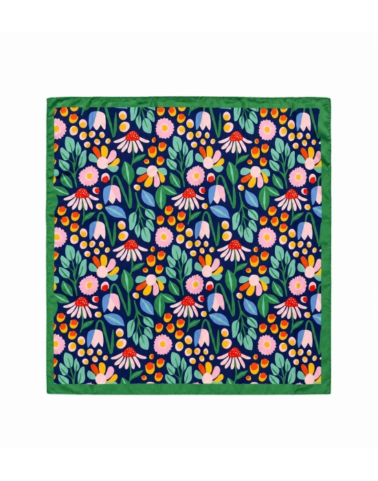 Lale Çiçek Desen Mavi-Yeşil Fular 50x50
