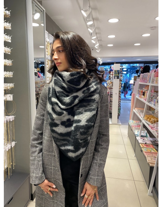 Leopar Desen Siyah-Gri Üçgen Şal
