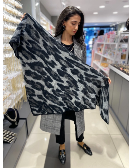 Leopar Desen Siyah-Gri Üçgen Şal