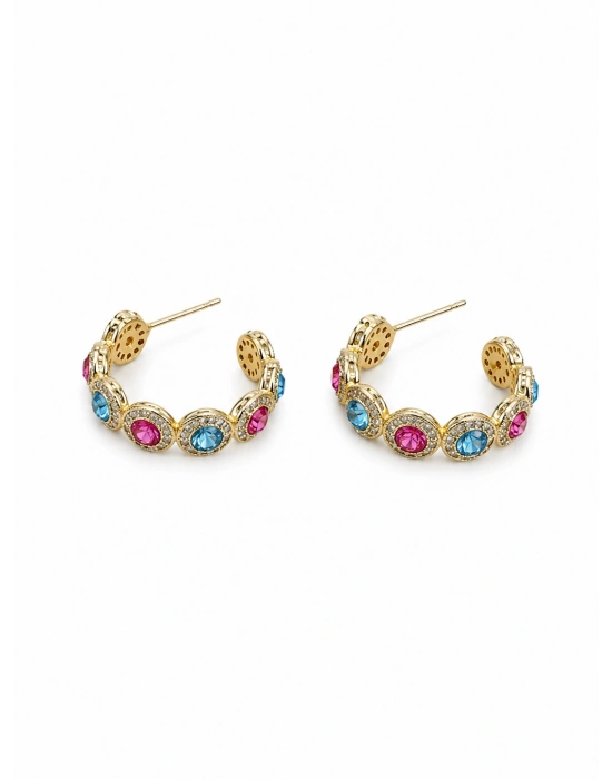 Mavi-Fuşya Swarovski Taş Detay Küpe