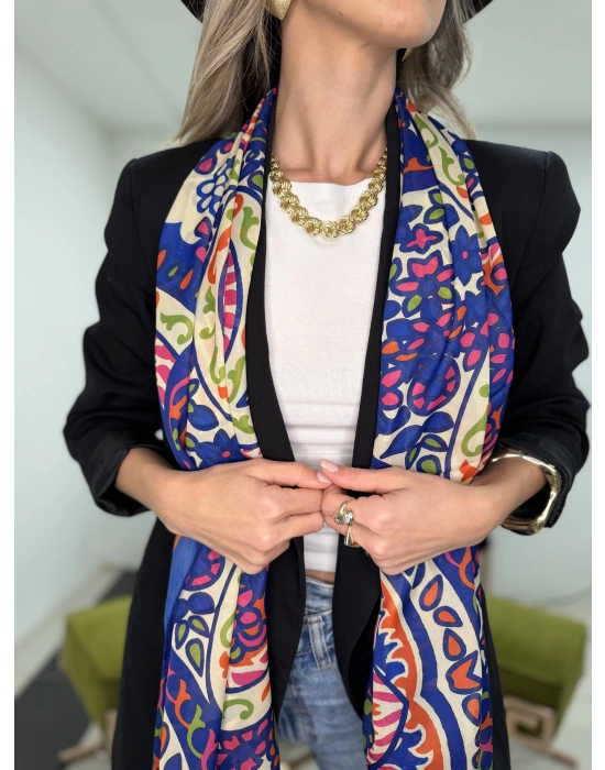 Mavi-Turuncu-Pembe-Yeşil Karışık Desen Fular(70*180)