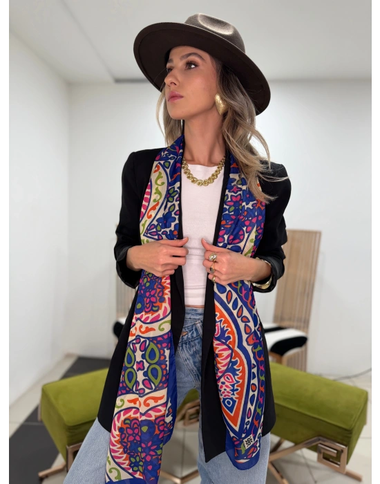 Mavi-Turuncu-Pembe-Yeşil Karışık Desen Fular(70*180)