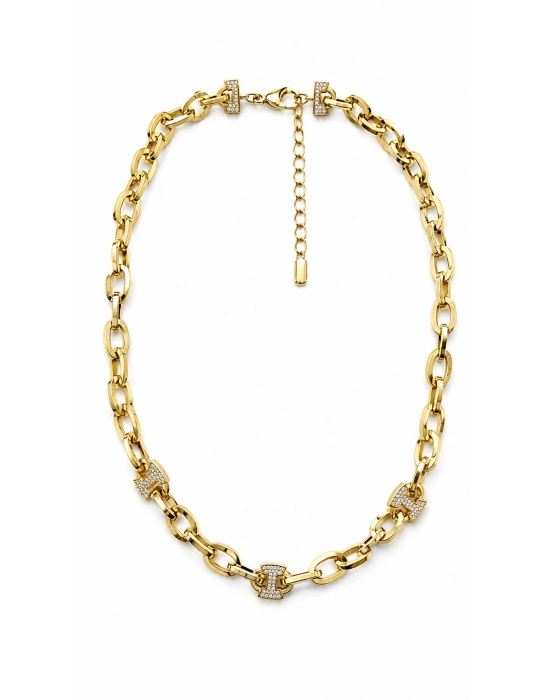 Oval Halka Zincir Taş İşleme Detay Gold Kolye