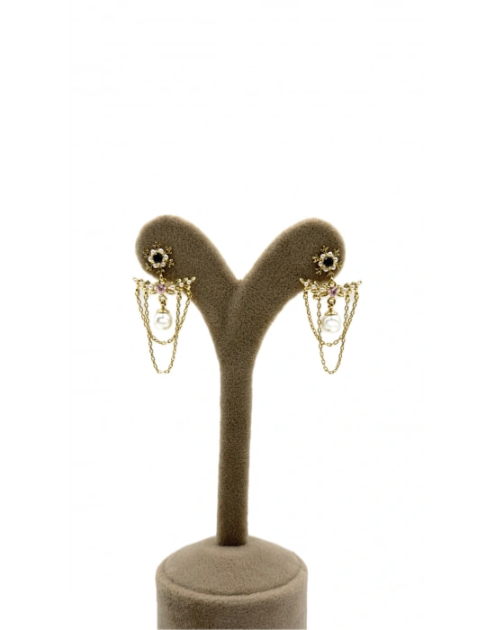 Özel Seri Renkli Taşlı İncili Zincir Sallantılı Küpe