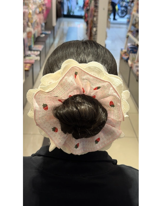 Pembe-Beyaz Pötikare Çilek Desen Kumaş Lastik Toka