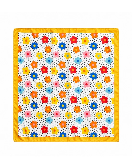 Sarı Kenar Puantiyeli Çiçek Desen Fular 50x50