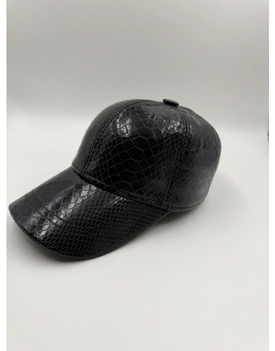 Siyah Deri Parlak Cap Şapka