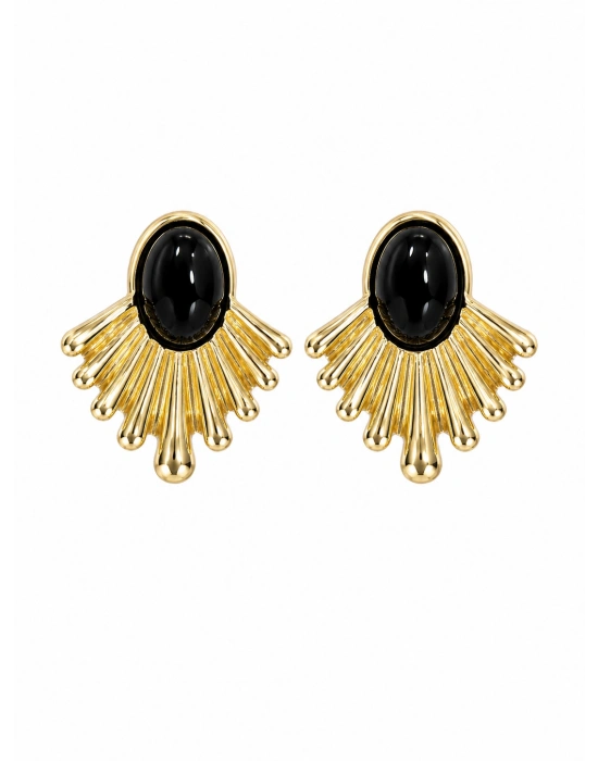 Siyah Taşlı Gold Yelpaze Küpe