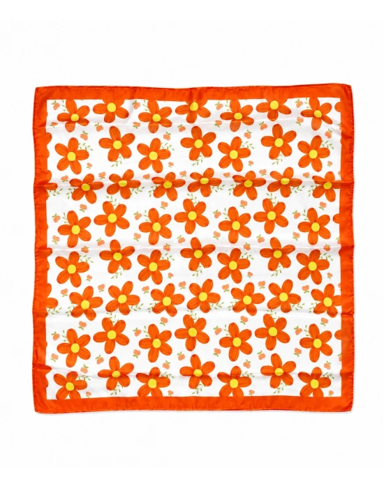 Turuncu Çiçek Desen Fular 50x50