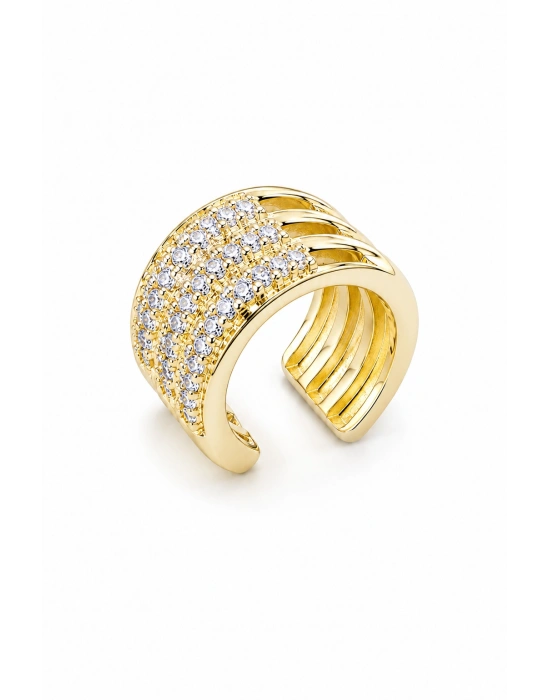 Üç Sıra Taş İşleme Detay Gold Ear Cuff
