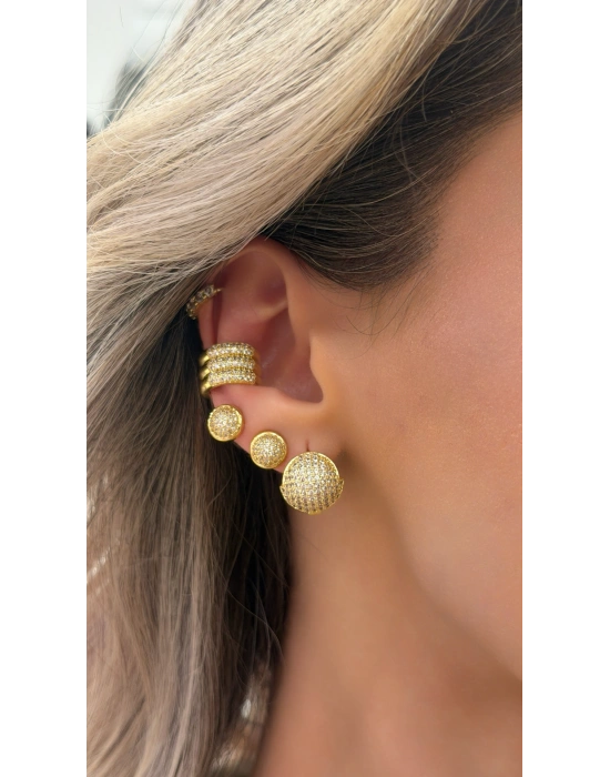 Üç Sıra Taş İşleme Detay Gold Ear Cuff