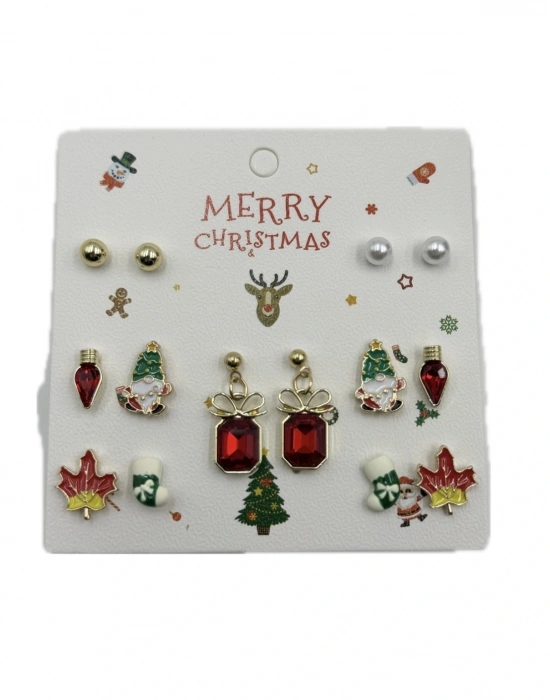 Yılbaşı Sallantı Taşlı Kırmızı Set Küpe