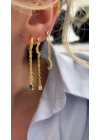 Ay Yıldız Mavi Taş Detay 6lı Set Küpe Gold