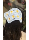 Mavi Çiçek Motif Örgü Bandana