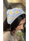 Mavi Çiçek Motif Örgü Bandana