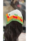 Kiraz Motif Örgü Bandana -Turuncu
