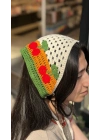 Kiraz Motif Örgü Bandana -Turuncu