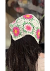 Pembe - Fuşya Çiçek Motif Örgü Bandana