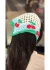Kiraz Motif Örgü Bandana -Mavi