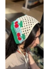Kiraz Motif Örgü Bandana -Mavi