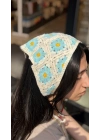 Mavi Çiçekli Motif Örgü Bandana