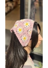 Pembe Çiçek Motif Örgü Bandana