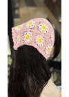 Pembe Çiçek Motif Örgü Bandana