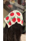 Beyaz Çilek Motif Örgü Bandana