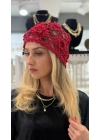 Çiçek Motif Kırmızı File Bere