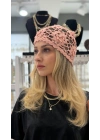 Çiçek Motif Pembe File Bere