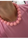 Büyük Boncuk Pembe Renk Tasarım Kolye(40cm)