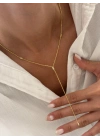 Damla Taş İşleme Detay Y Model Gold Dekolte Kolye (47cm)