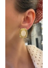 Dikdörtgen Krem Taşlı Gold Küpe