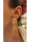 Dikdörtgen Pembe Taşlı Gold Küpe