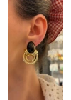 Halka Detay Siyah Taşlı Gold Küpe