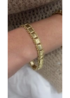 Kare Plaka Geçmeli Gold Bileklik((19cm)