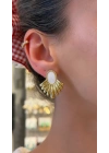 Krem Taşlı Gold Yelpaze Küpe